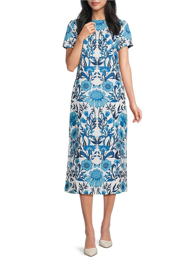 Nwt Mestiza Adria Floral Print Boat Neck Bow Detail Pocketed Column Midi Dress